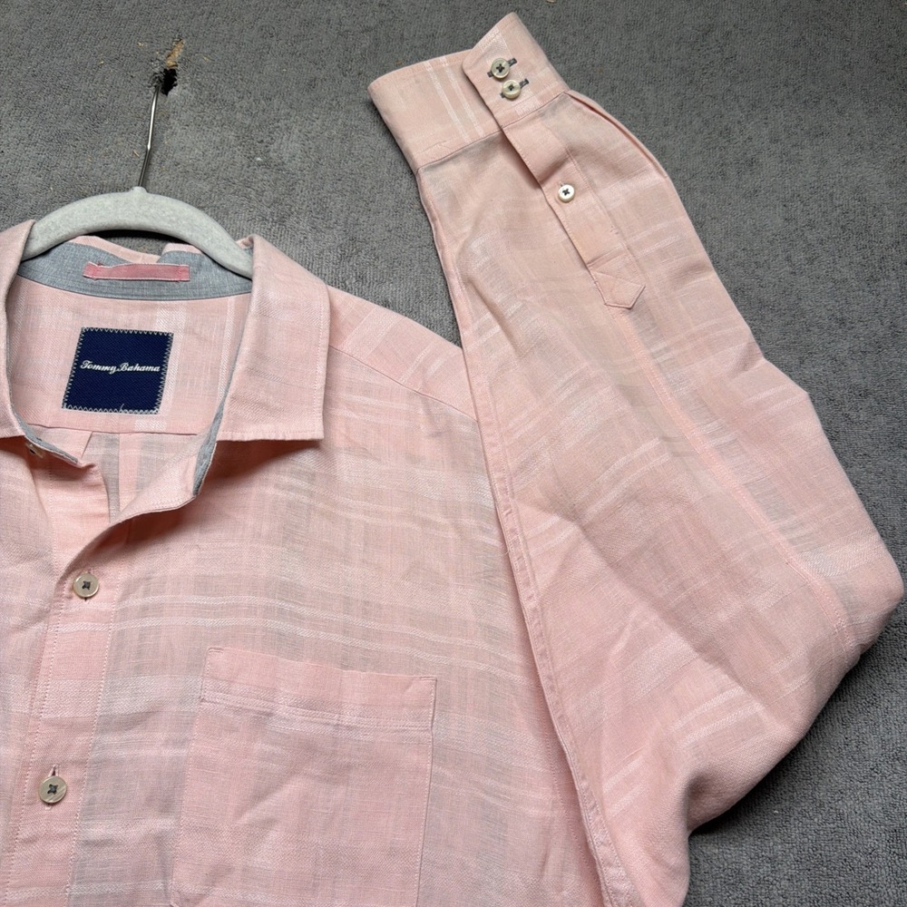 Tommy Bahama Men's Linen‎ Blend Button Up Shirt Peach Pink Plaid Long Sleeve XL